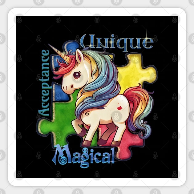 Autism Awareness Kawaii Unicorn and Puzzle Pieces Magnet by mythikcreationz